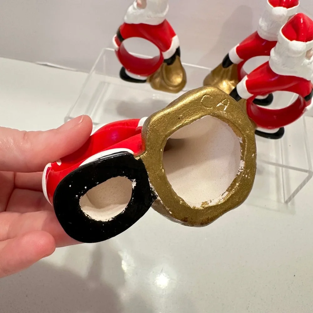 Vintage 60s Santa‎ Claus Napkin Rings Handpainted Ceramic Red Gold Set of 4 MCM